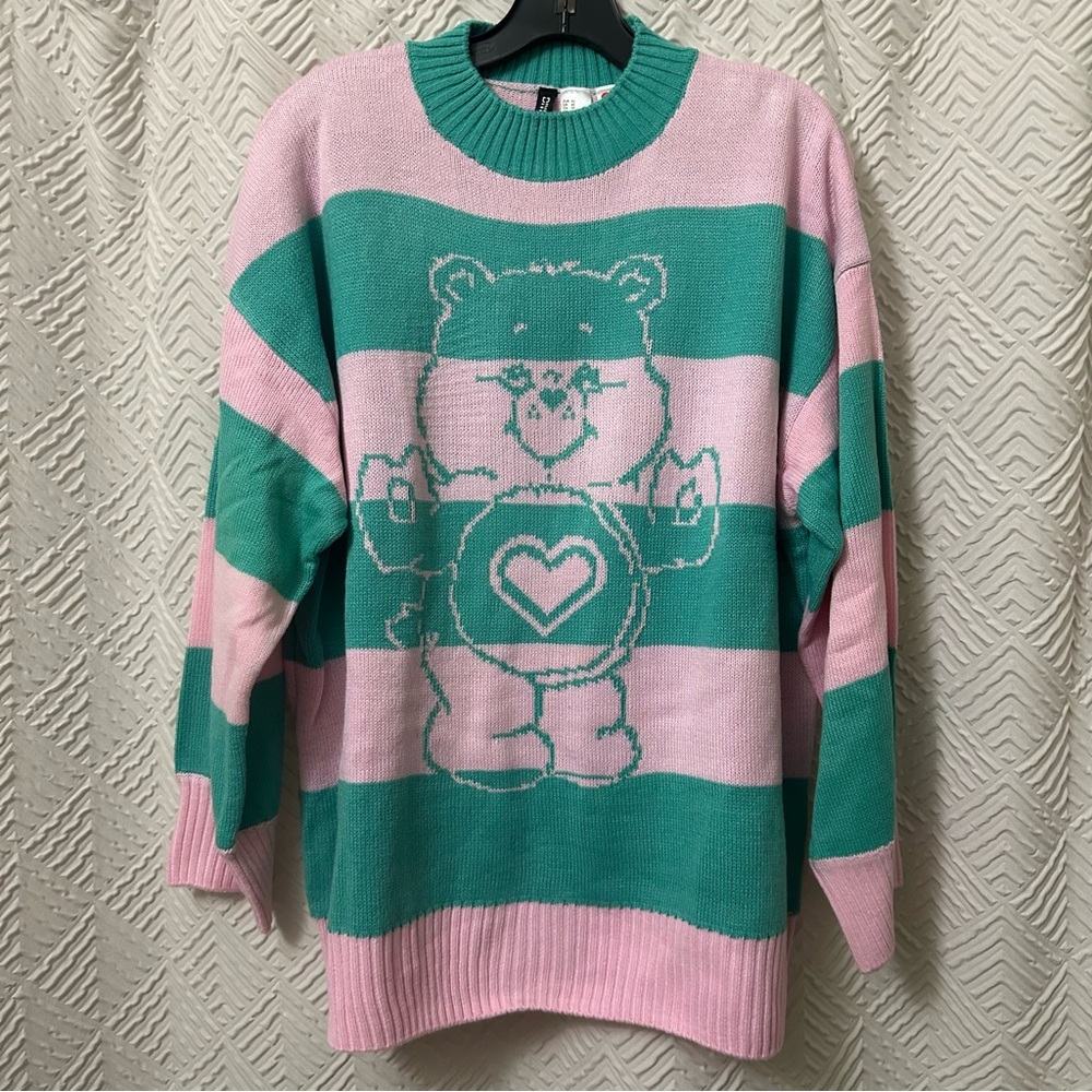Oversized Pink and Green Striped Sweater with Care Bear Design